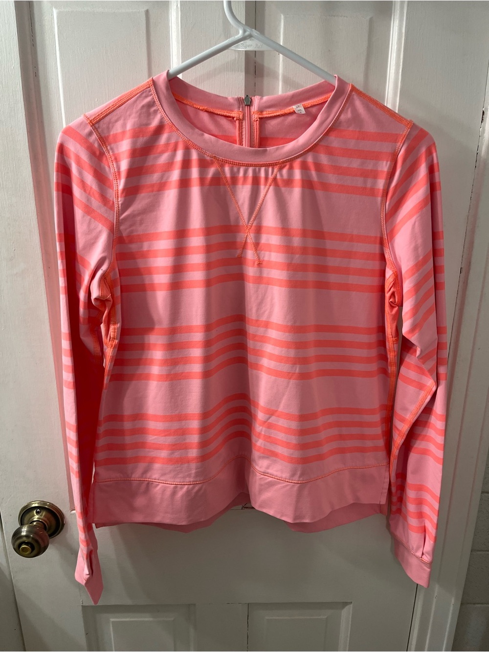 lululemon Run Warm Up Crew in Ocean Striped Bleached Coral/Pop Orange Pattern